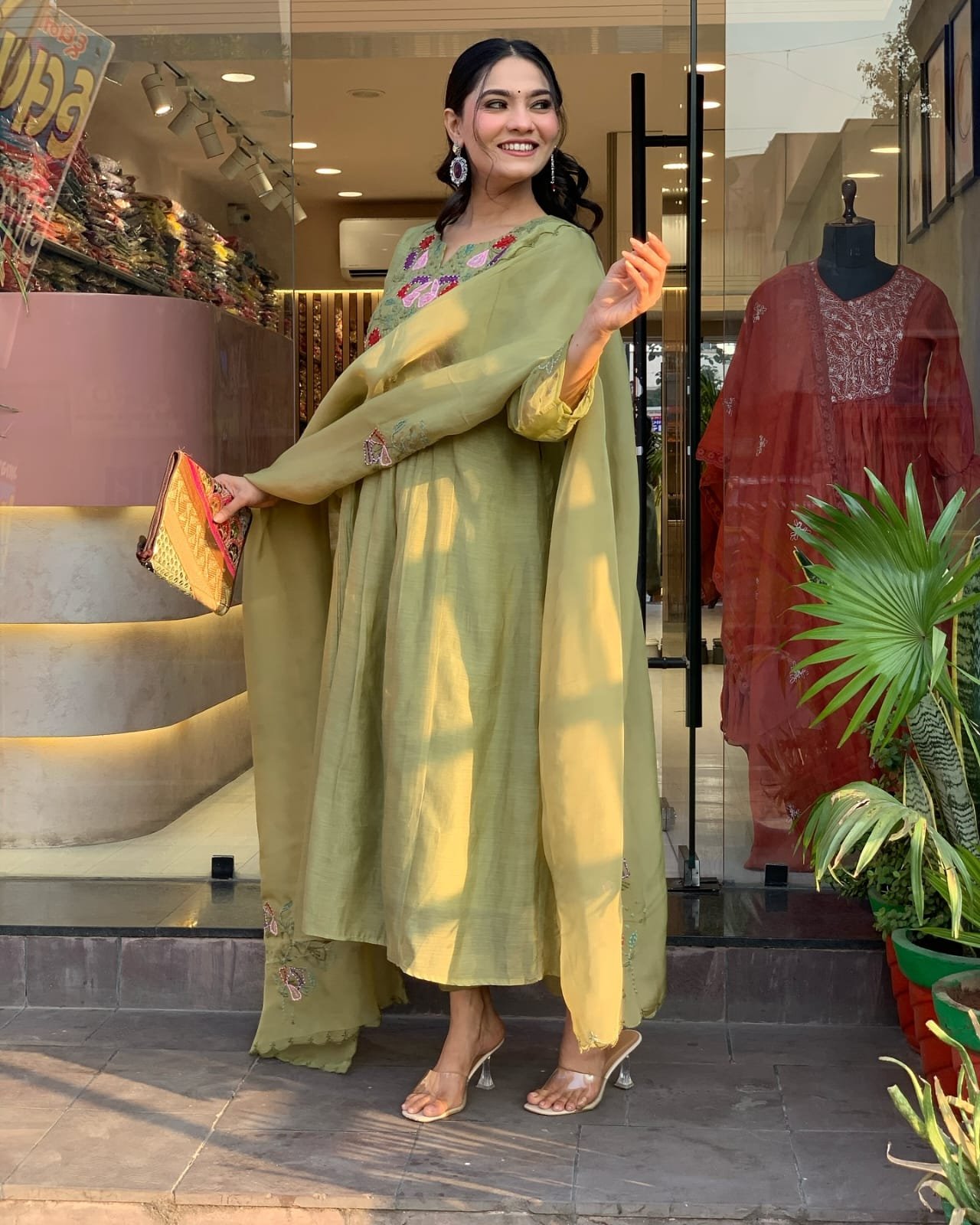 Embroidered Cotton Kurti Pant Set with Organza Dupatta